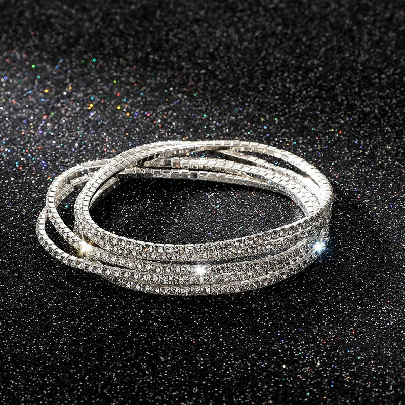 5 Pc Elastic Crystal Rhinestone Bracelet Women Gold Tone Round Chain Jewelry