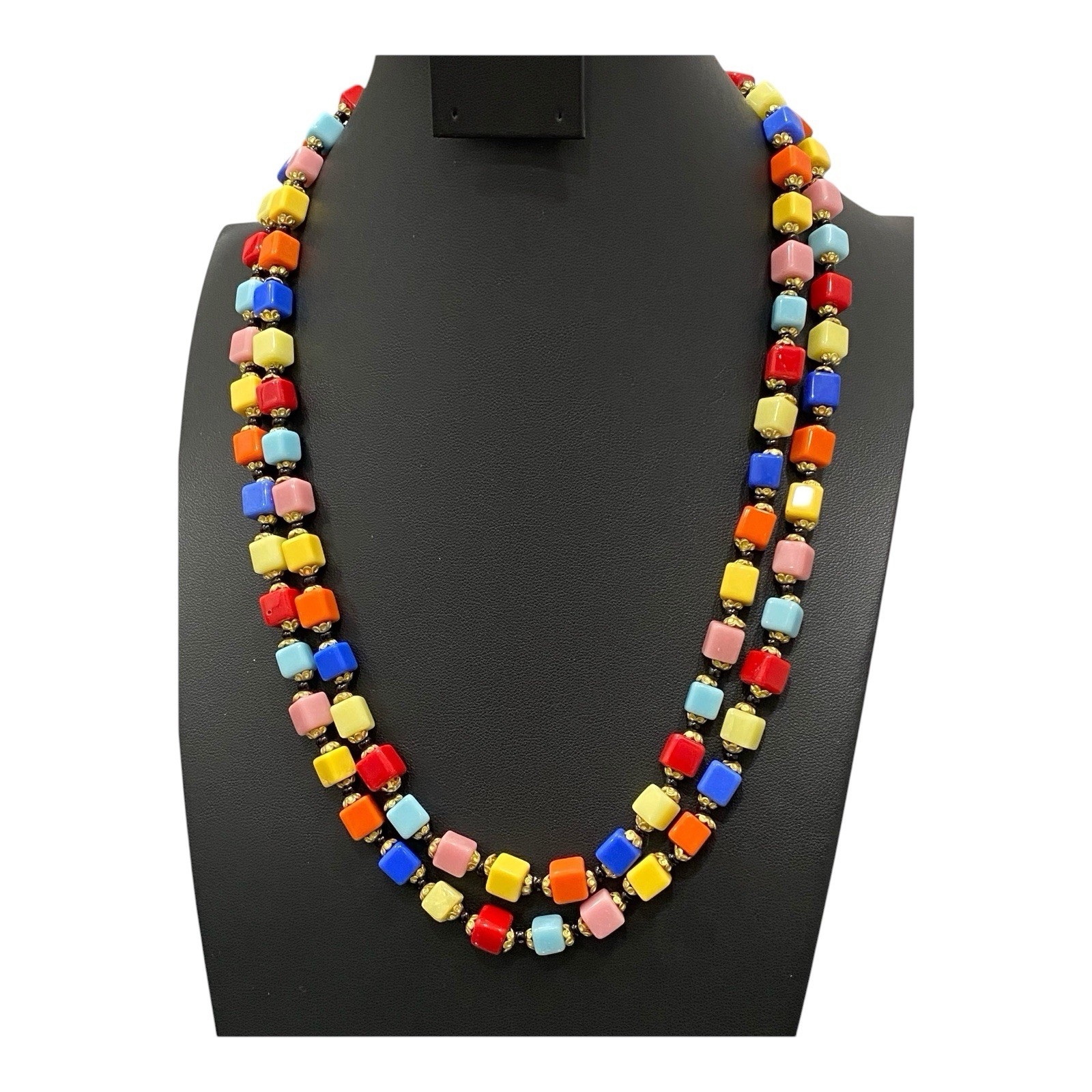 Vtg 1930s Czech Harlequin Glass Cube Bead Flapper Rope Necklace Art Deco 49″
