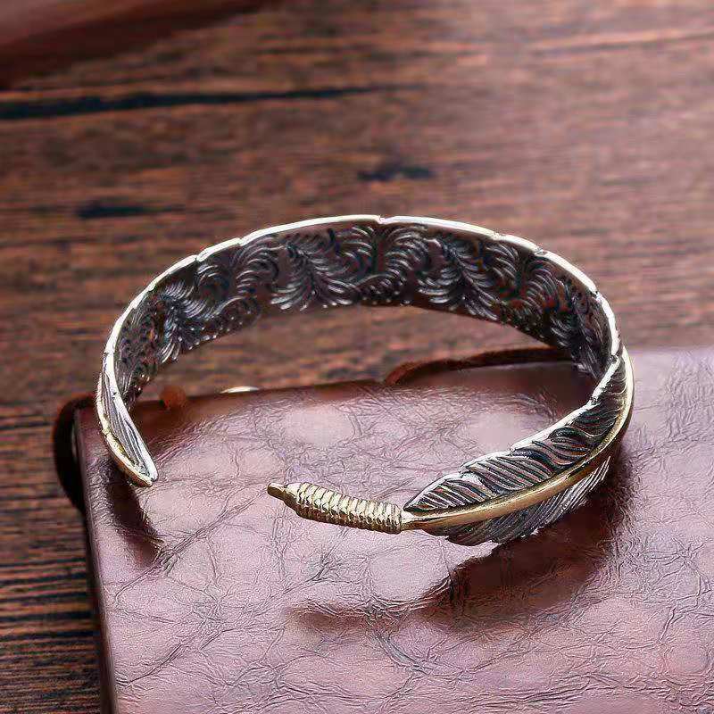 Women Men Retro Vintage 925 Sterling Gold Silver Feather Cuff Bangle Bracelet US
