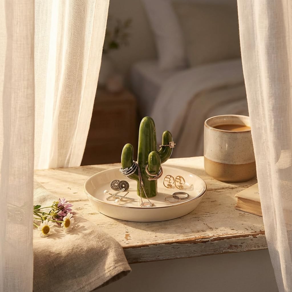 Cactus Jewelry Holder and Ring Dish – Ceramic Succulent Decor for Kitchen Sin…