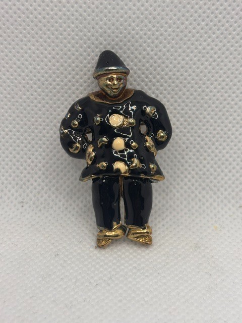 Vintage Clown Brooch, Black w/gold colored polka dots, Height – 2″ x Width – 1″