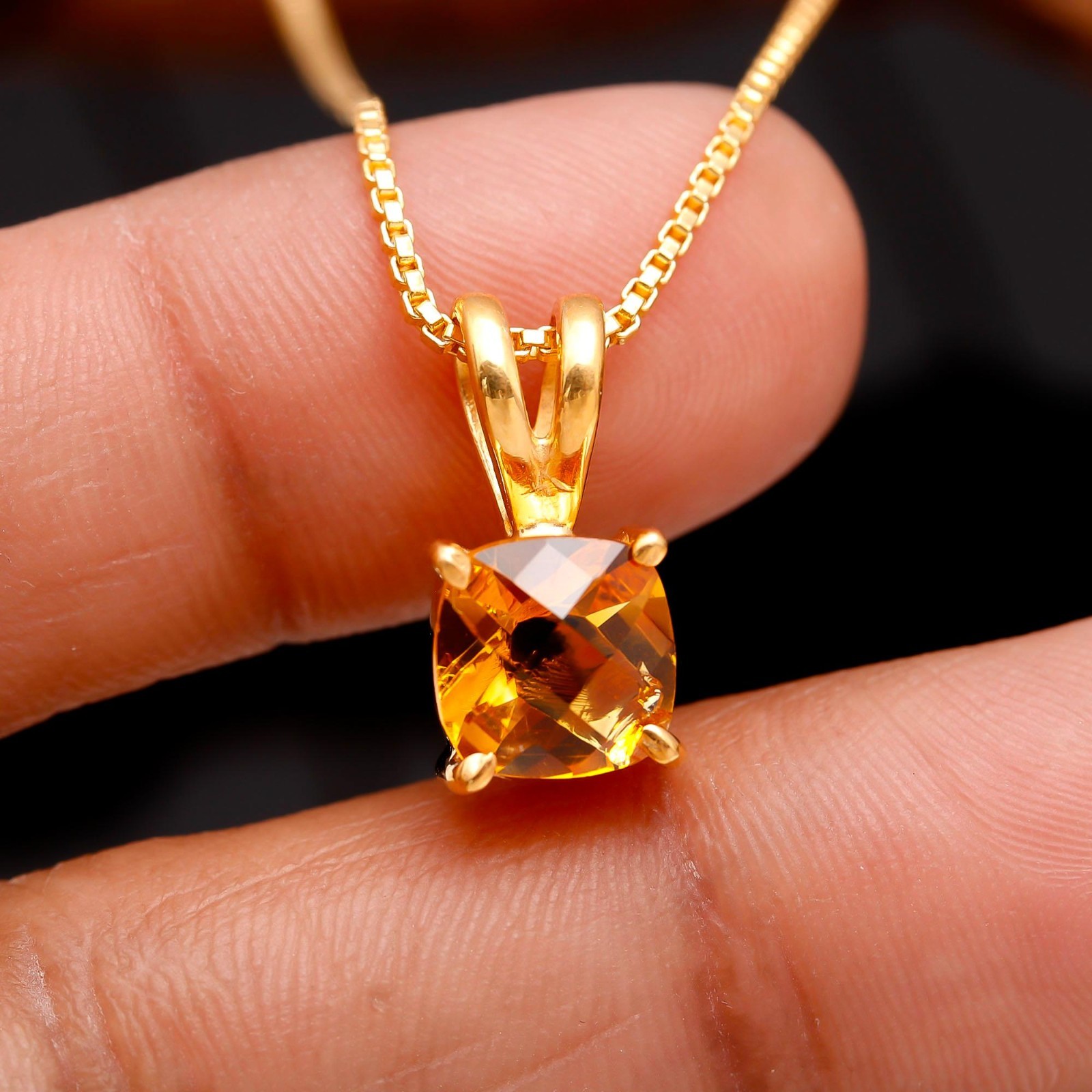 Natural Citrine Quartz Cushion Necklace Gold Fill 925 Sterling Silver Jewelry