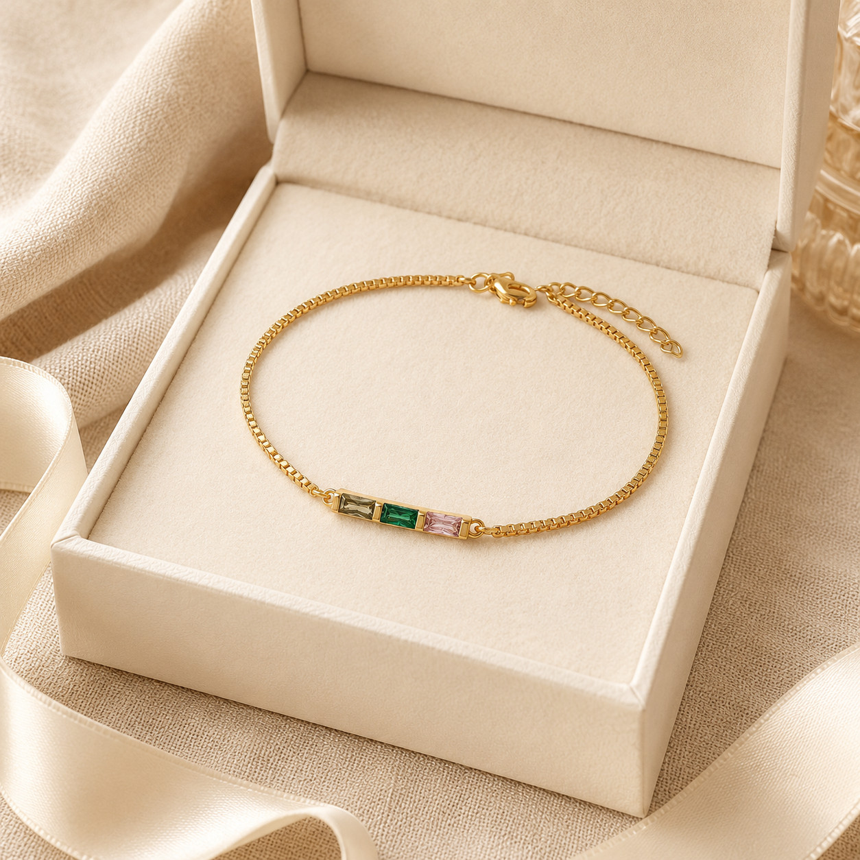 18K Gold Plated Multicolour Baguette Bracelet, Dainty Three Stone Bracelet