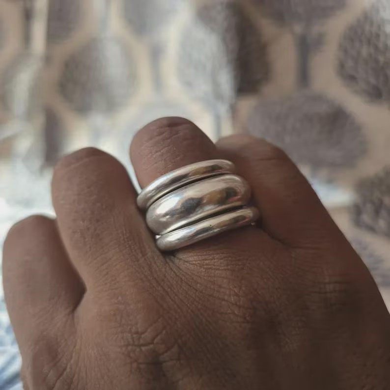 Dome Ring Set: Stackable 925 Sterling Silver Band & Statement Handmade All Size