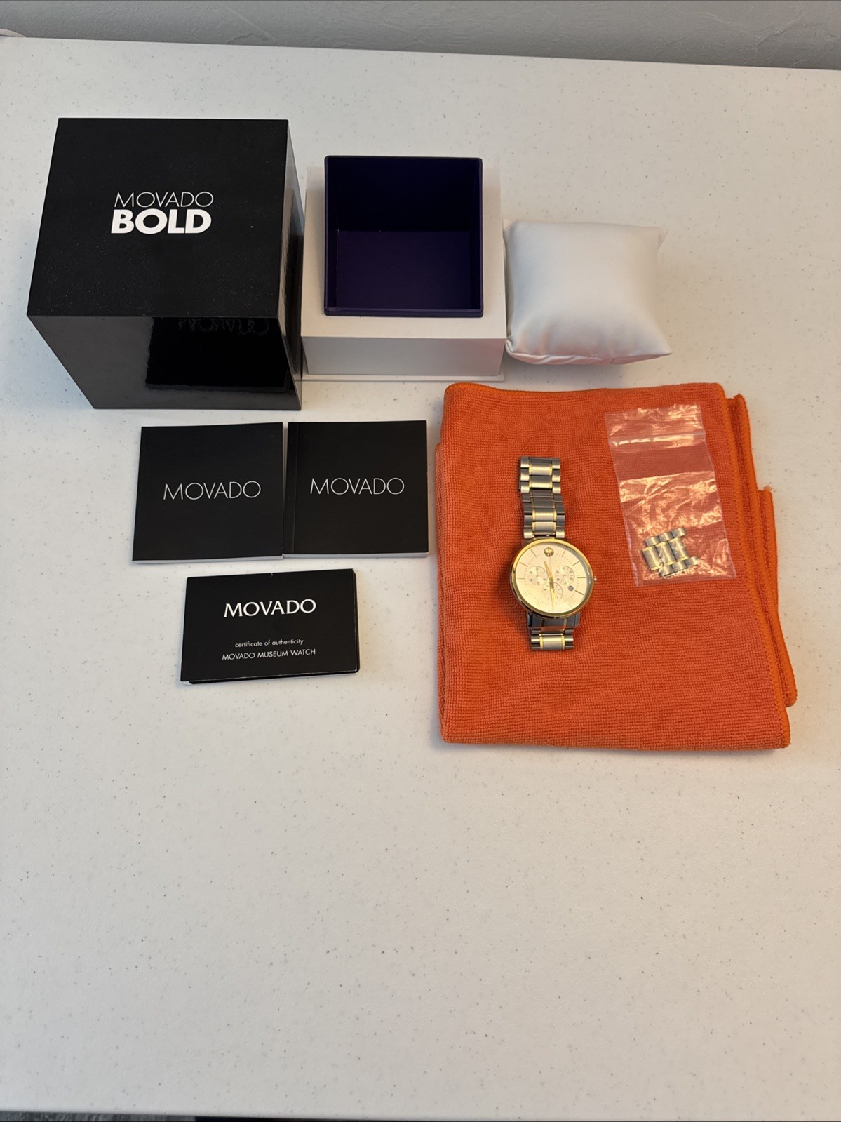 Mens Movado TC Chronograph 44mm Two-Tone Watch 0607150 Box Links COA