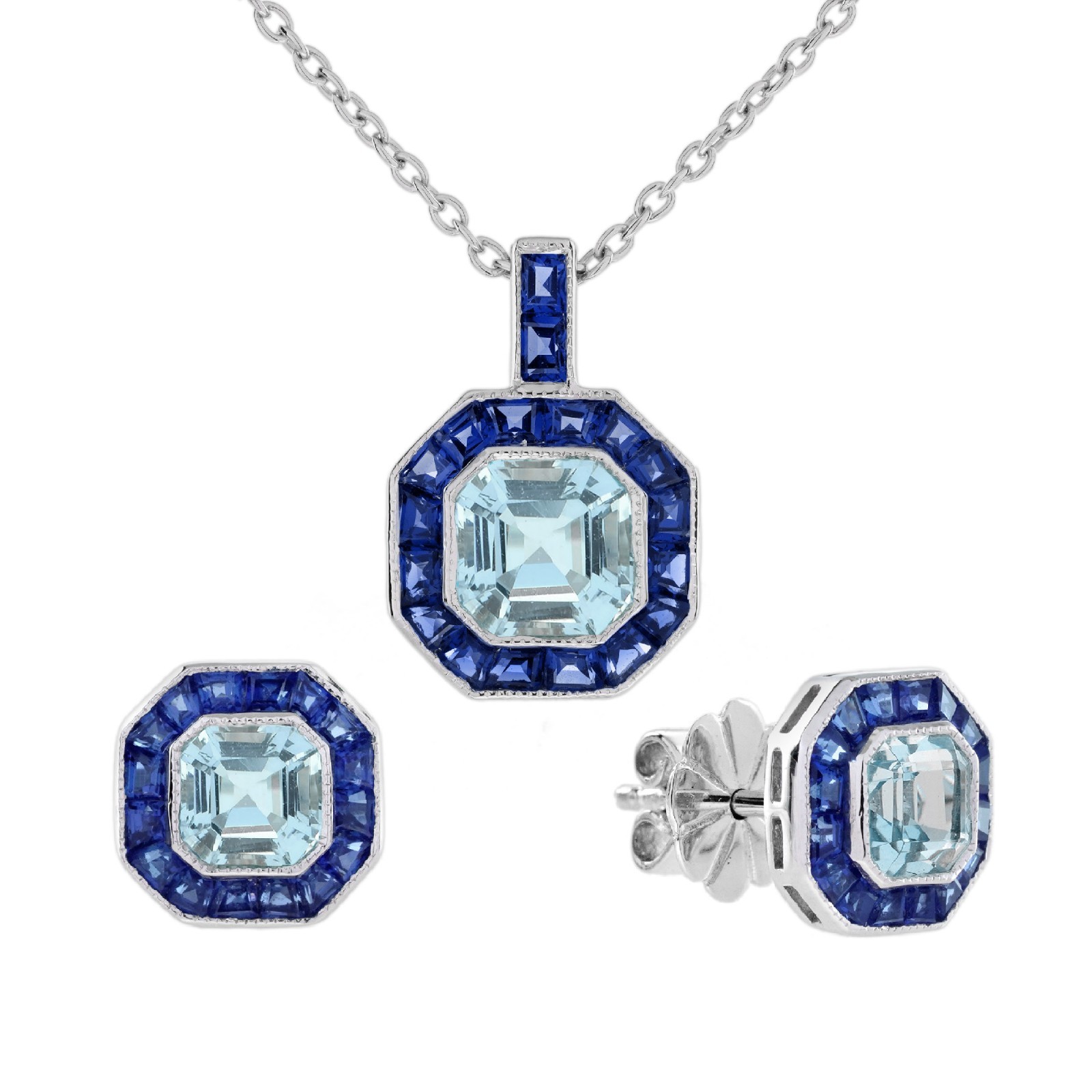 14K White Gold Aquamarine Blue Sapphire Jewelry Set Necklace Stud Earrings