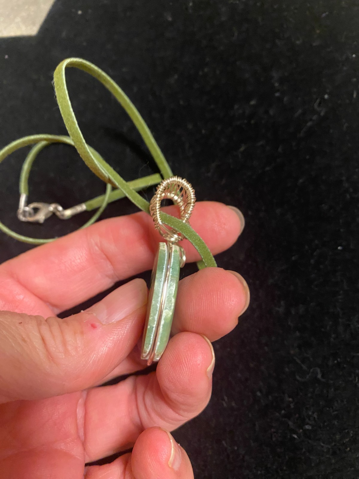 Green & Cream Colored Jade Oval Cabochon Silver Wire Wrap Pendant Suede Band