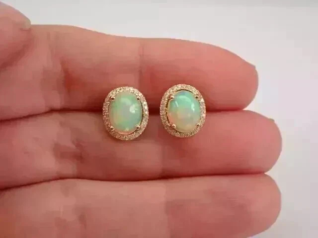 Natural Fire Opal 3.00Ct Oval Cut Halo Stud Earrings 14K Yellow Gold Plated