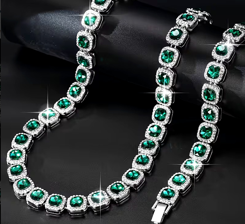 Stylish Cuban Chain Necklace And Bracelet Set with Sparkling Green Rhinestones
