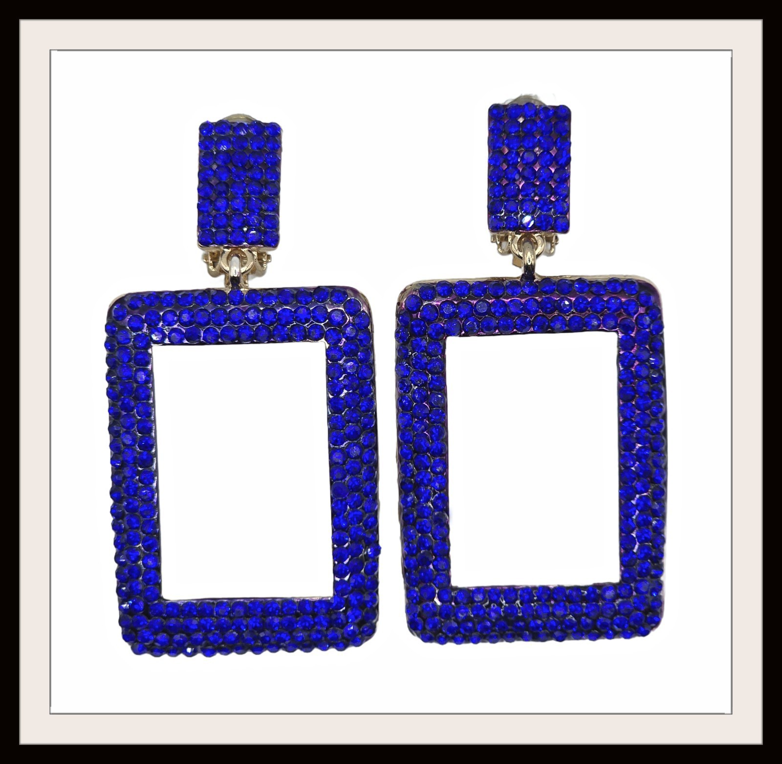 Blue Crystal CLIP Earrings Large Rectangle Hoop Pageant Drag Queen