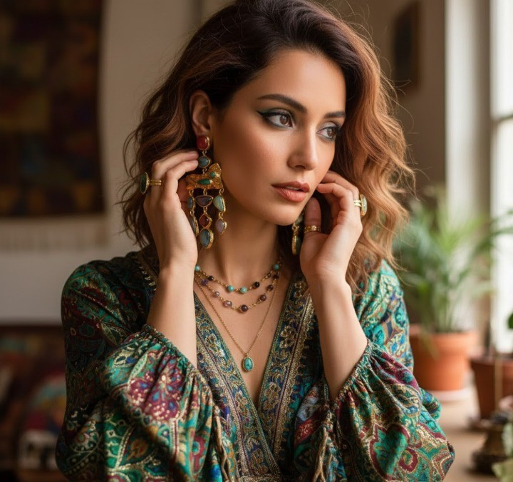 Vintage Boho Multicolor Gold Statement Stone Earrings Birthday gift Vacation