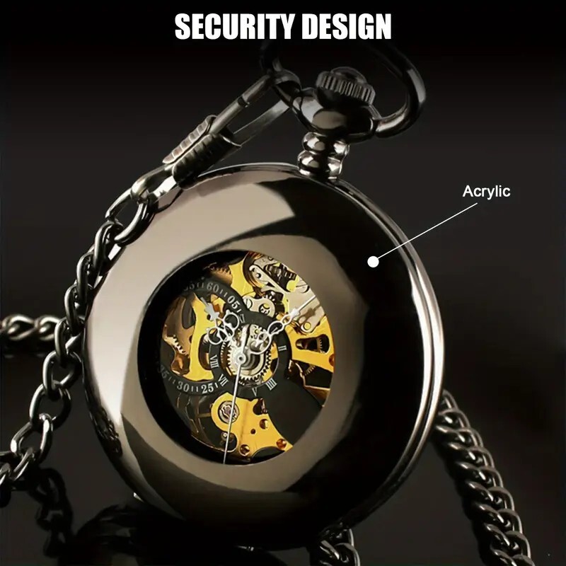 NEW! Automatic Mechanical Self-Winding Pocket Watch – Black – Great Gift for Dad