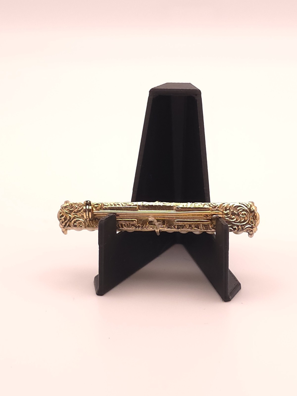 Vintage Gold Tone Bar Brooch Pin Round Simulated Pearl & Clear Rhinestone