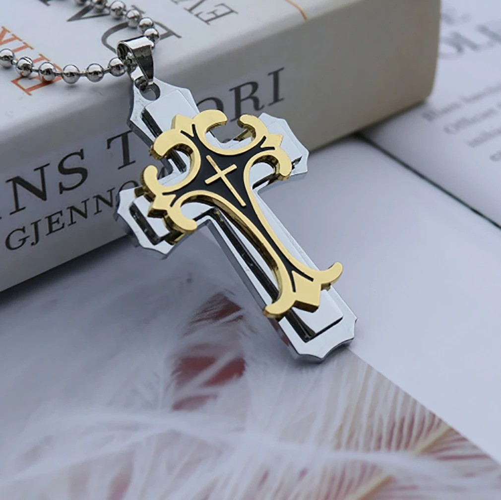 Cross Pendant Necklace Stainless Steel Crucifix Cuban Gold Black Men Unisex New