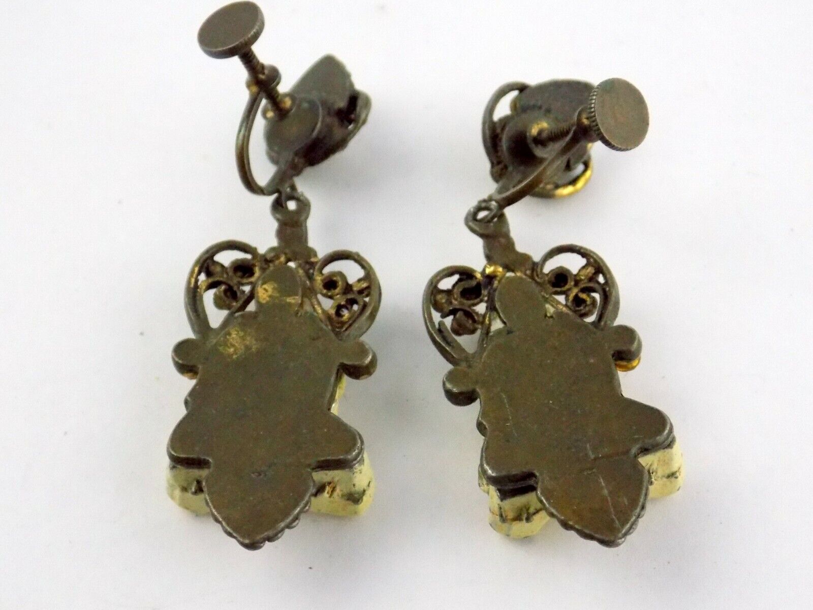 Vintage Painted Brass and Buddha Figurine Screwback Earrings Unsigned Rhinestone