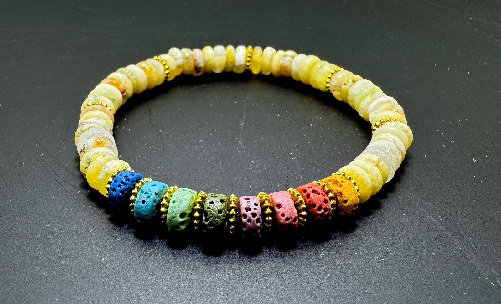 6.5″ Yellow Jade & Chakra Lava Rock Bracelet – Handmade Elastic Cord, 6mm