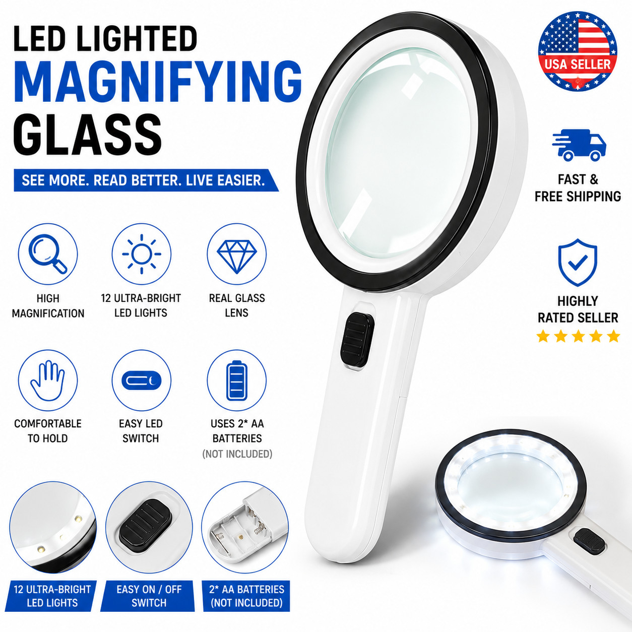 30X Jumbo Handheld Magnifying Glass w/ 12 Bright LED Light Illuminated Magnifier