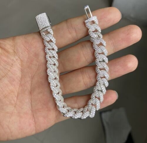 12 MM REAL MOISSANITE Cuban Chain Bracelet Handmade Jewelry 925 Sterling Silver