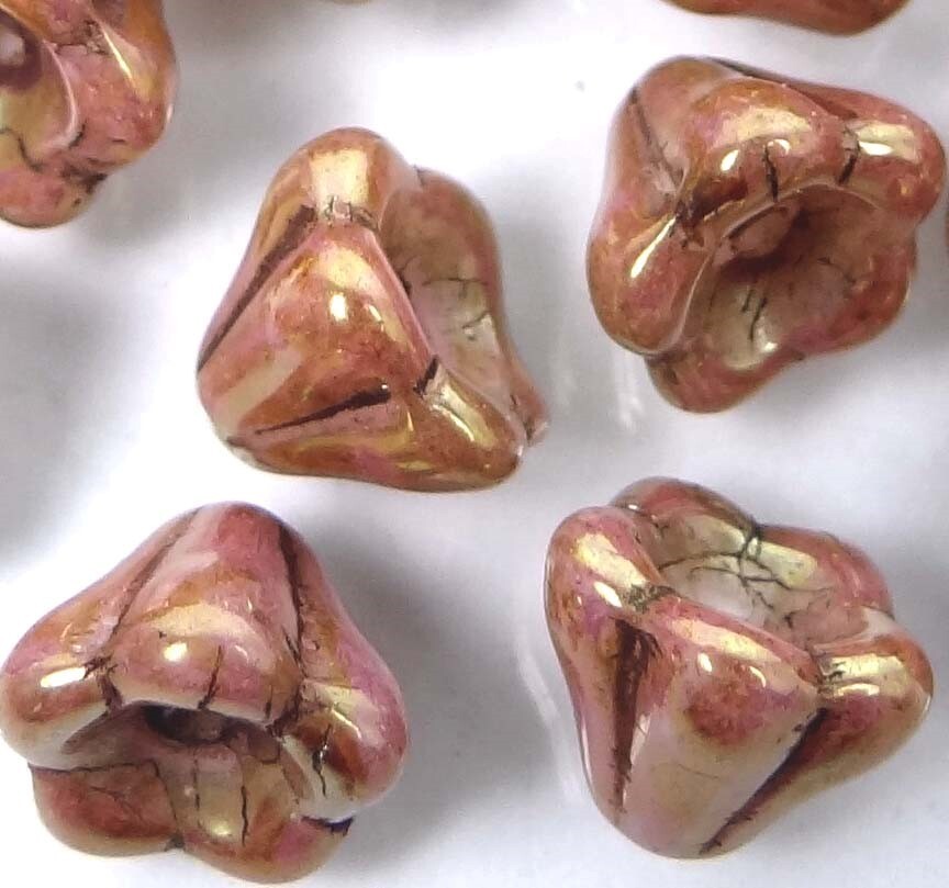 25 Czech Glass Baby Bell Flower Beads – Luster – Opaque Rose/Gold Topaz 8x6mm