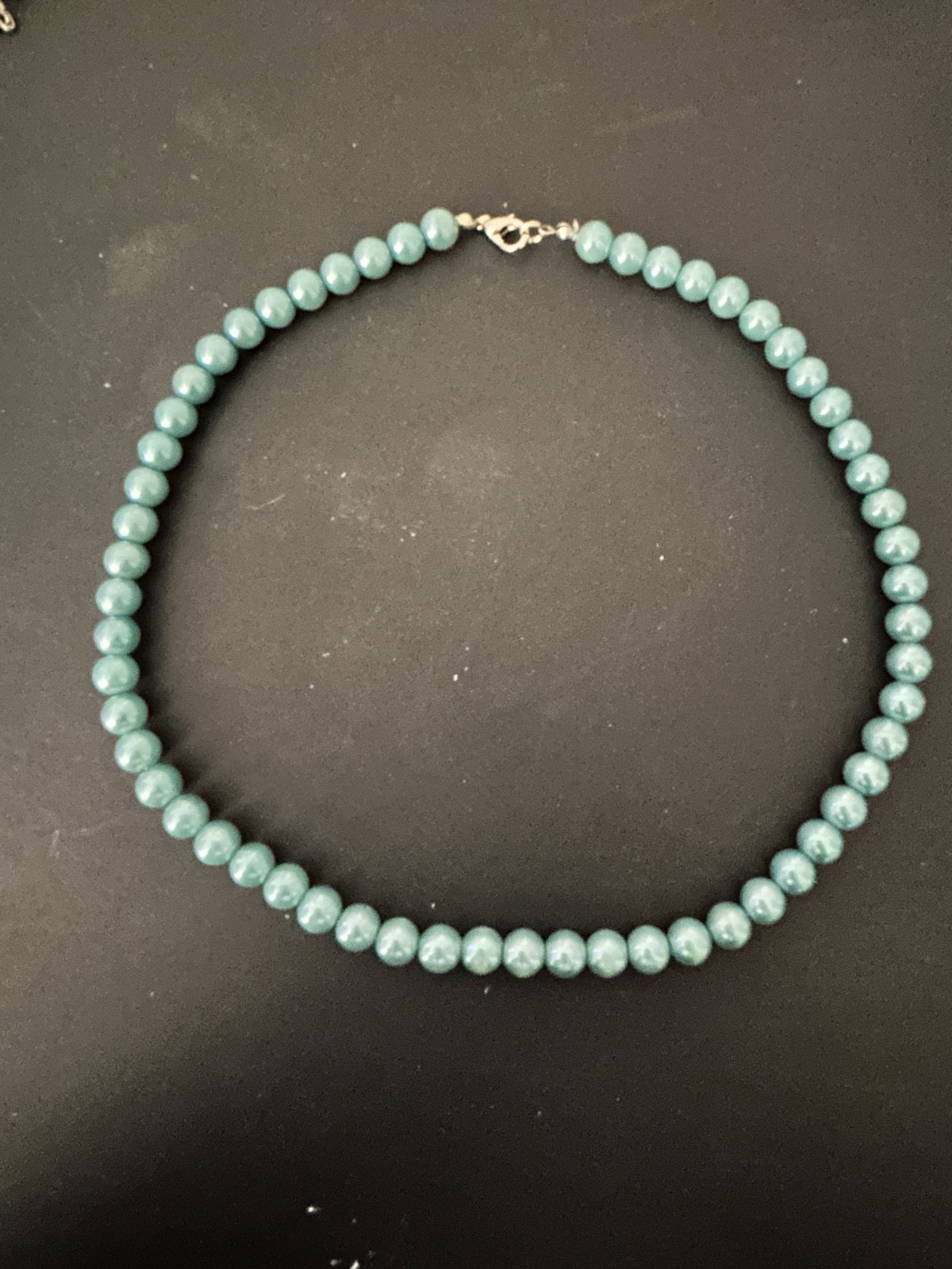 Vintage Pale Blue Pearlized Bead Necklace Matching Bracelet Set Silver-Tone