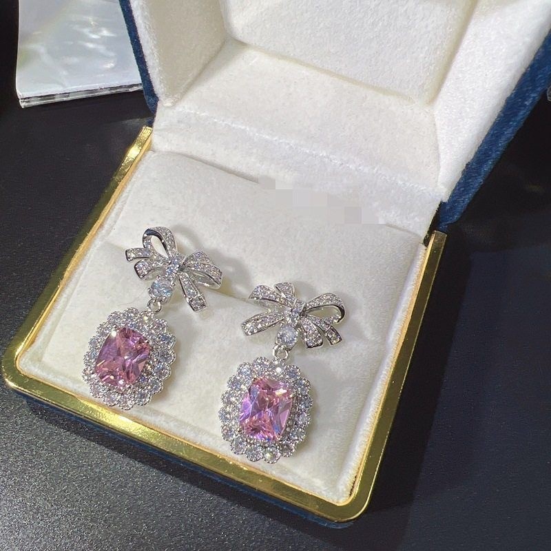 Silver vintage Tone Pink Diamond Jewelry Set Necklace Drop Earrings for Women