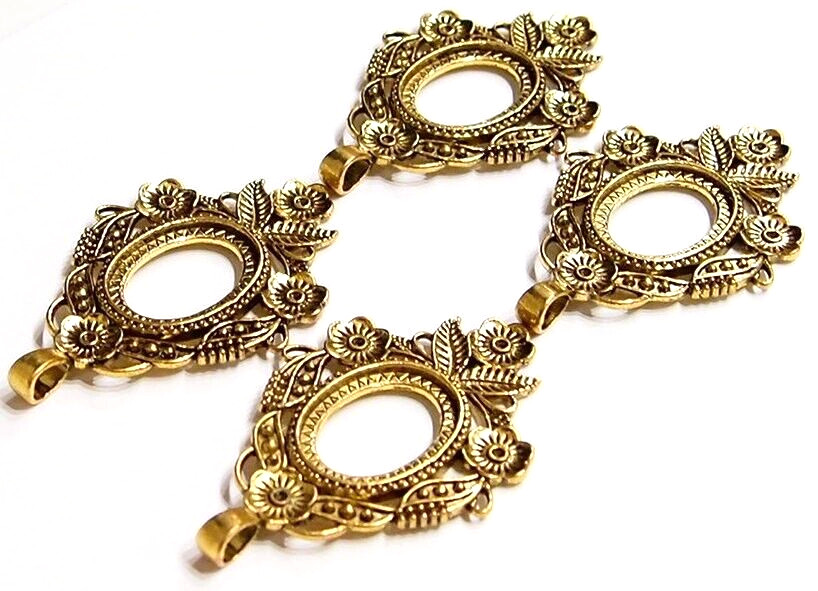 4 of 30x22mm Antique Gold Flower and Leaf Pendant Settings, 4 Cameos, Cabs Glass
