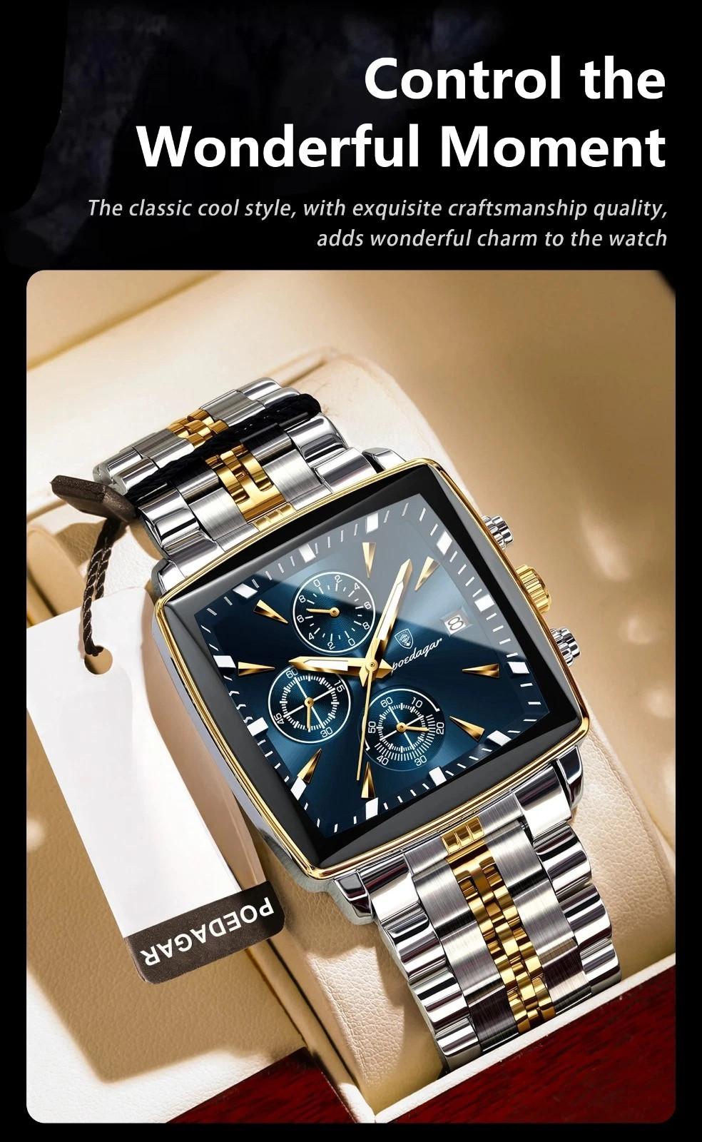 Luxury Men’s Watch Square Stainless Steel Waterproof Luminous Chrono