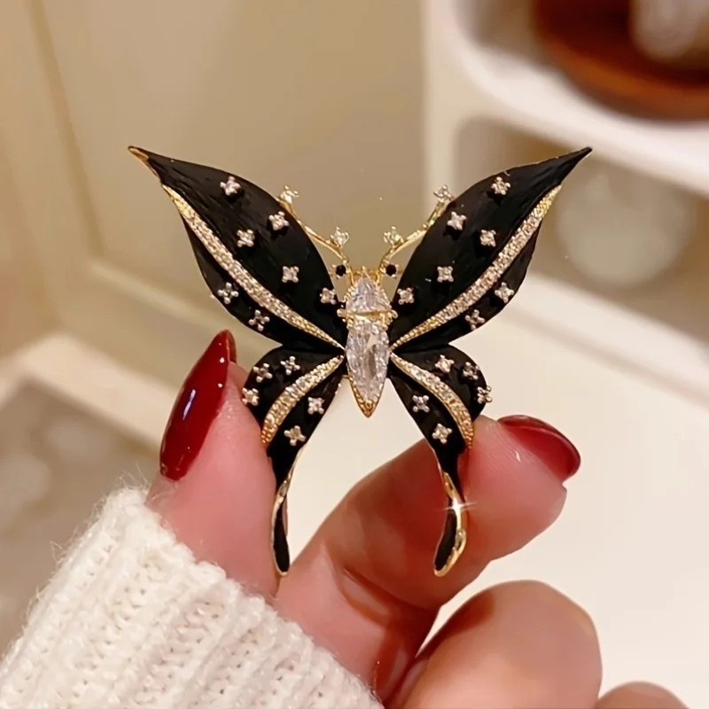 Vintage Black Enamel Butterfly Brooch Gold Tone Crystal Rhinestone Pin