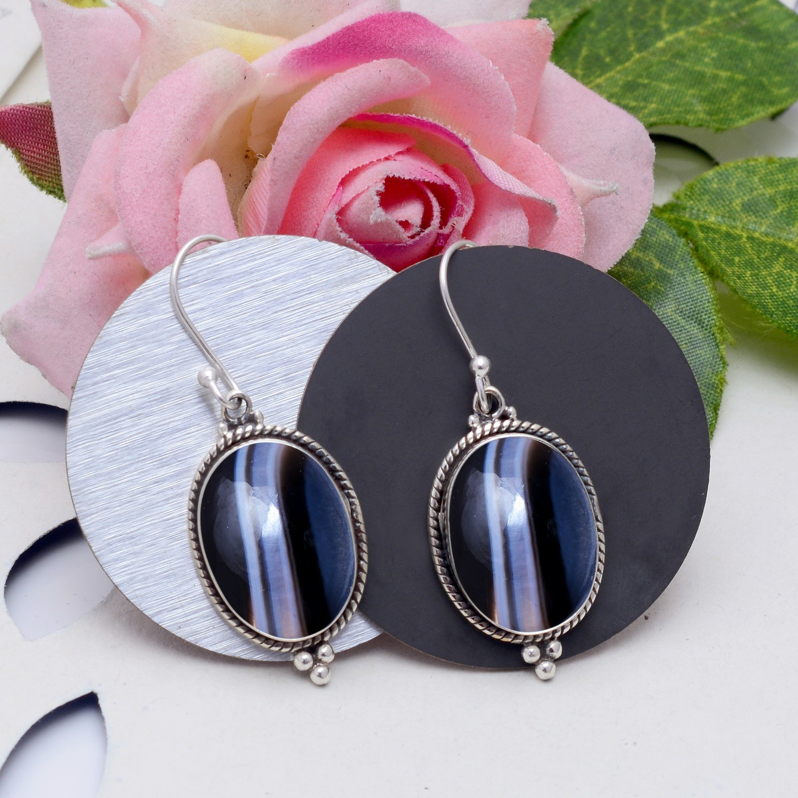 Banded Agate Sterling Silver Earrings Gift For Women Unique Artisan Drop Earring