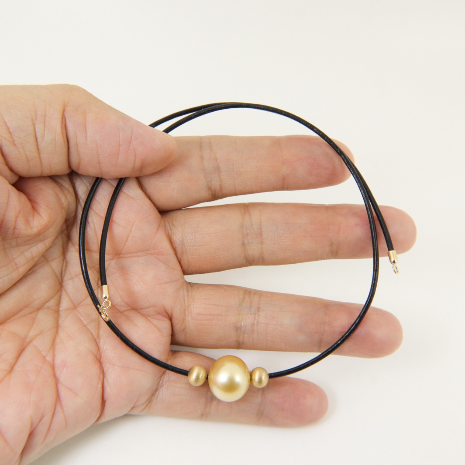 13.3mm Genuine Golden South Sea Pearl Leather Necklace, Solid 14K Gold #105LN