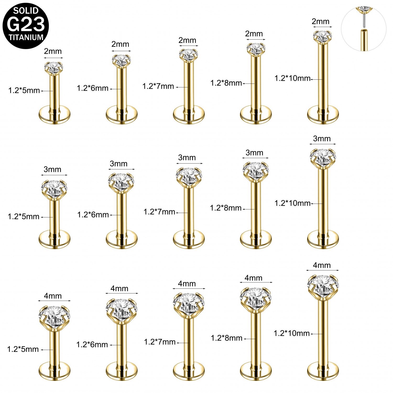 16G/18G/20G Titanium Lip Studs CZ Cartilage Earring Push in Labret Lip Piercing