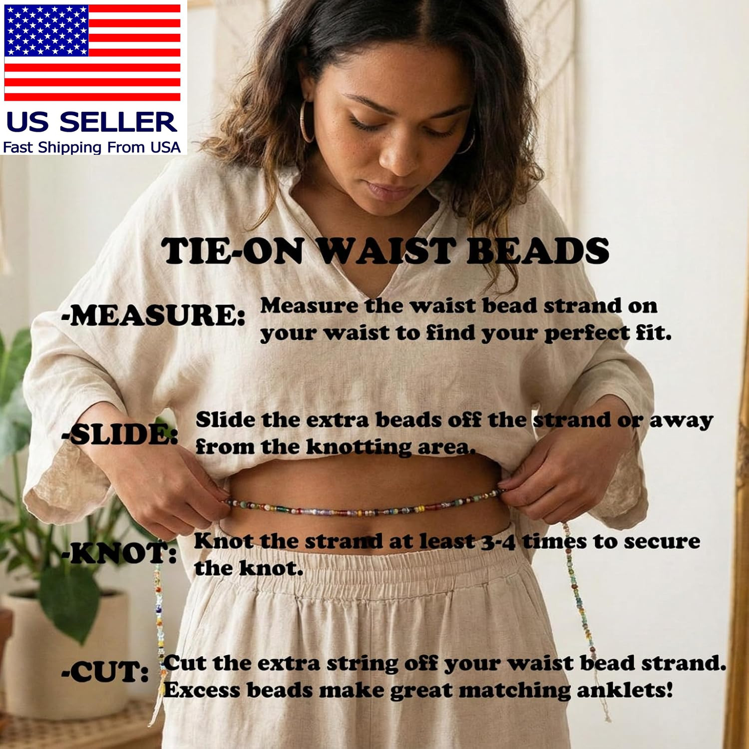 African Waist Beads, Multicolor Seed Beads, 44-Inch Traditional Tie-On Belly Bea