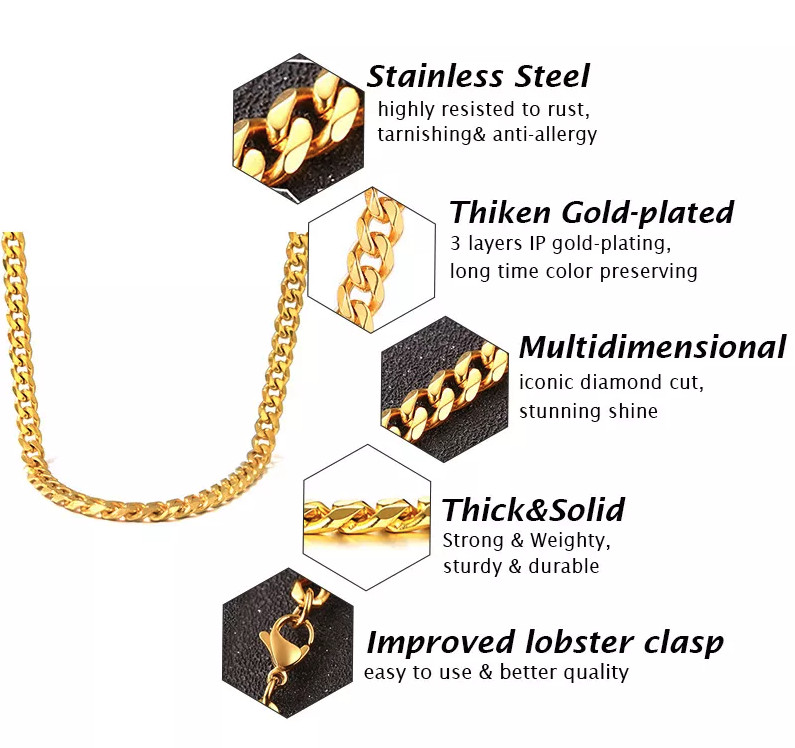 Stainless Steel Gold Silver Chain Cuban Curb Womens Mens Necklace 3/5/7/9/11mm