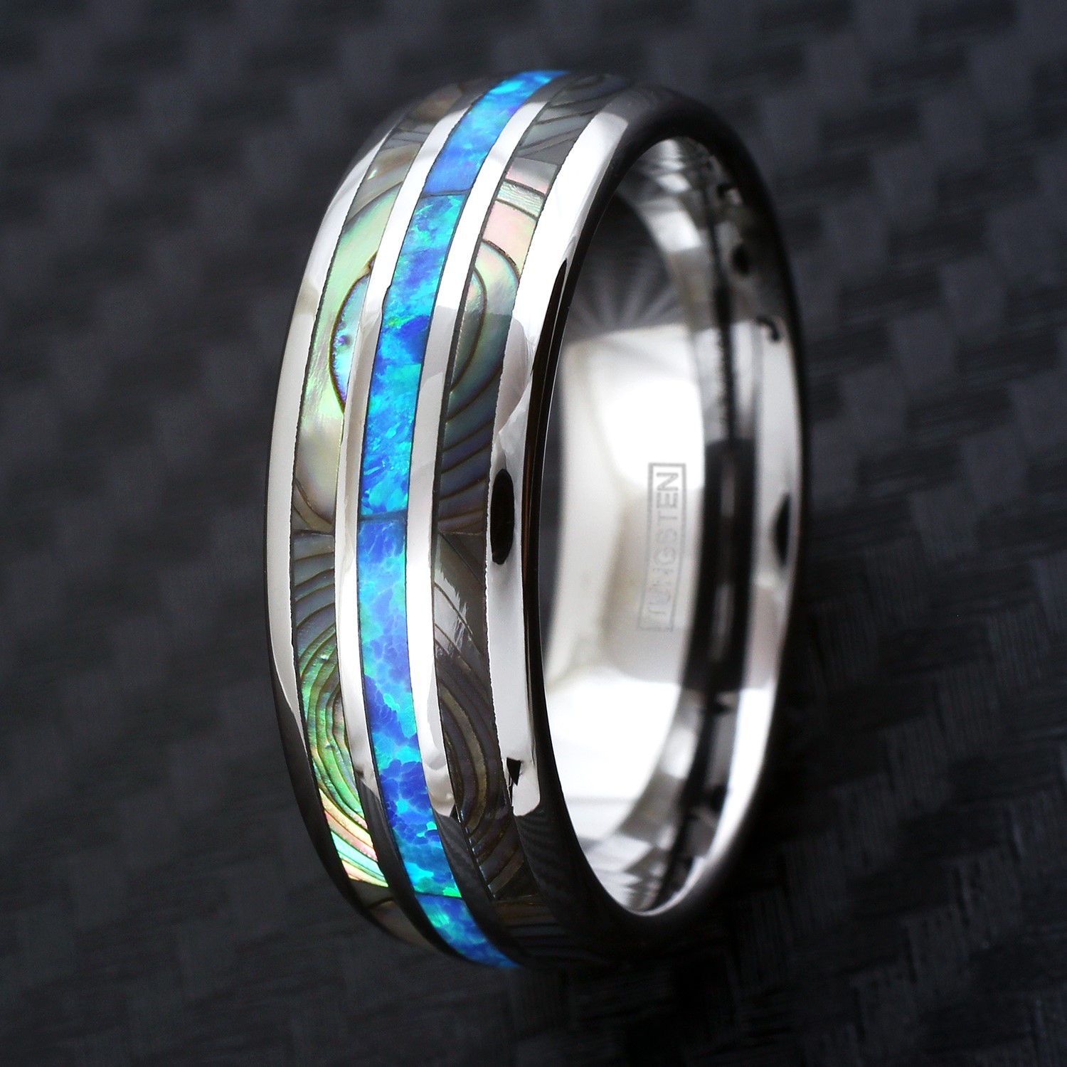 8mm Tungsten Carbide Men’s Abalone and Hawaiian Blue Opal Wedding Band Ring