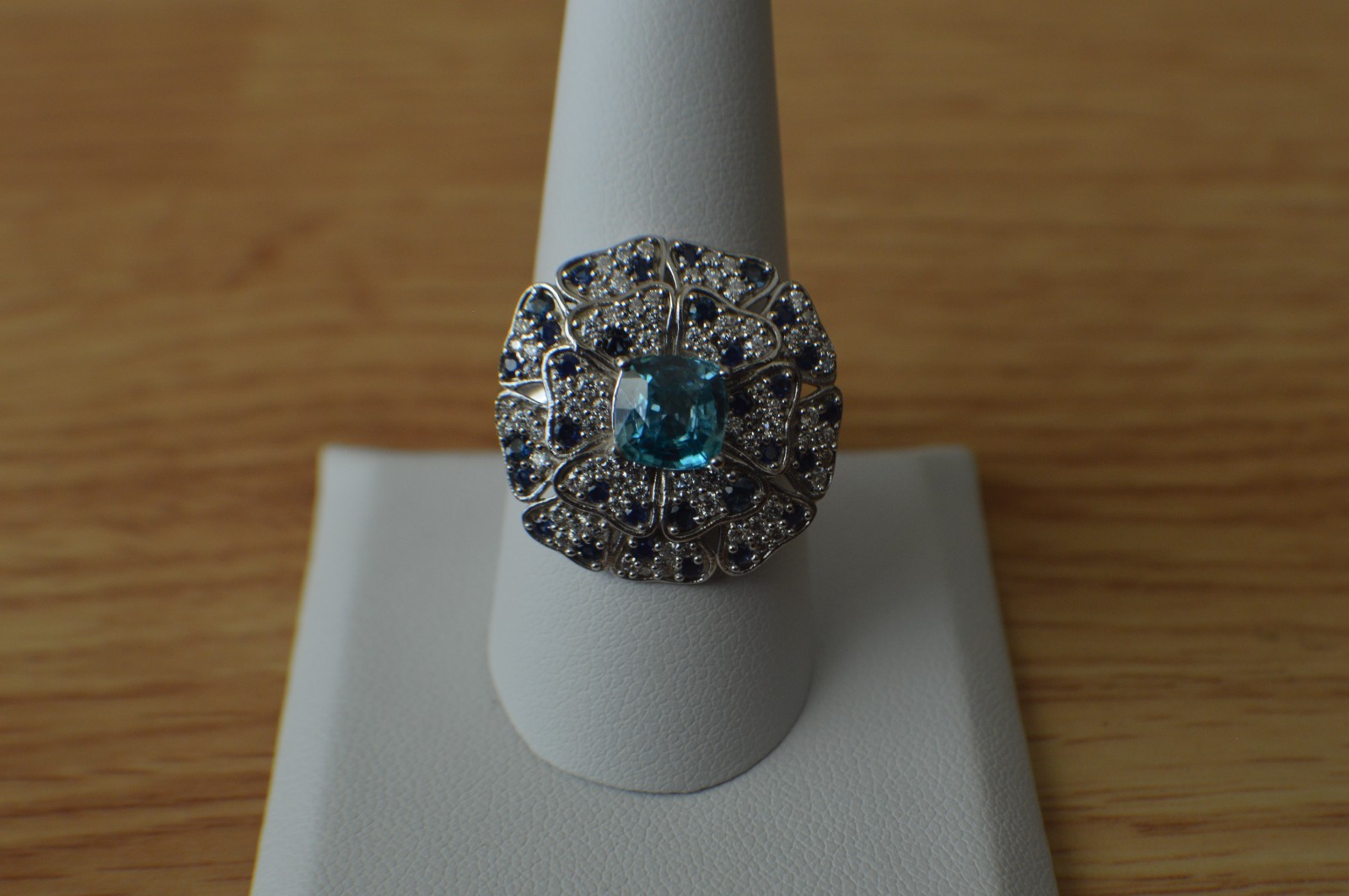 4.10ct Cambodian Blue Zircon /Multigem Ring Rhodium Plated over Fine Silver Sz 8