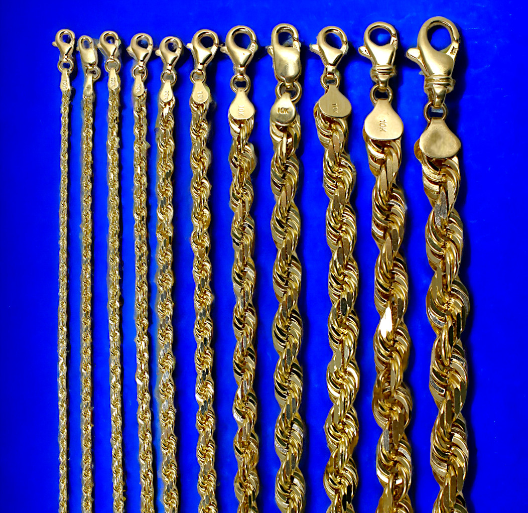 10K Yellow Gold SOLID Rope Necklace Bracelet Chain Diamond Cut 1mm-10mm 7″-30″