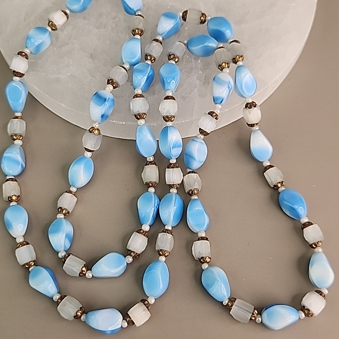 Vintage Glass Beaded Necklace Oval Blue White Frosted Atlas Endless 34″