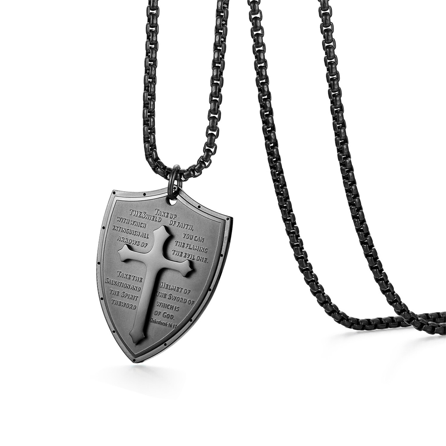 Men Stainless Steel Shield Armor of God Ephesians 6:16-17 Cross Pendant Necklace