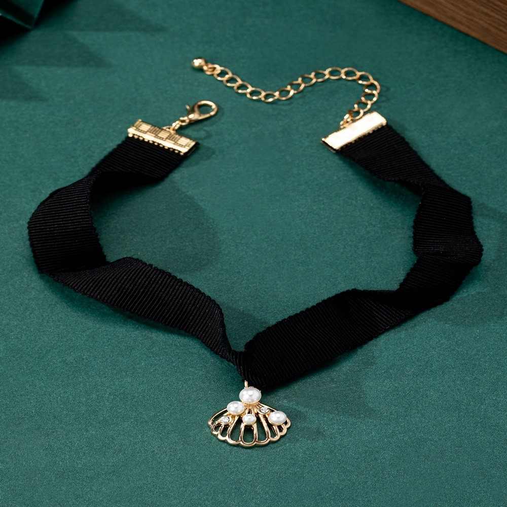 Black Velvet Choker Necklace Gold Hollow Shell Pendant Faux Pearl Rhinestone