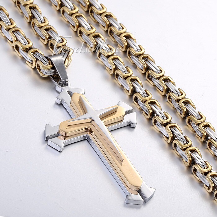 Silver/Gold Plated Mens Chain Cross Byzantine Stainless Steel PENDANT NECKLACE