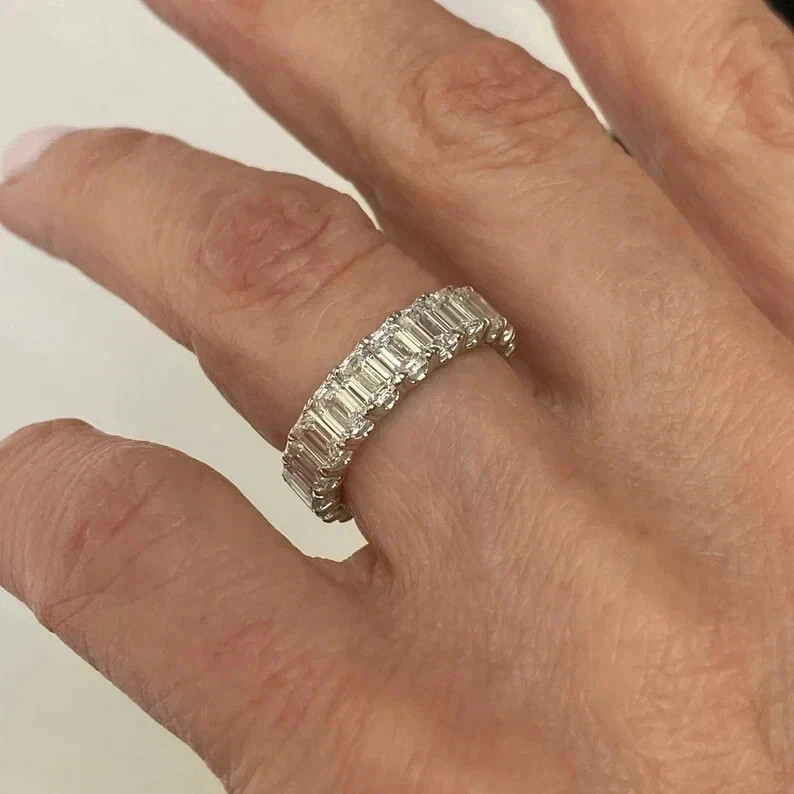 4.60 Ct Emerald Cut Eternity Natural Diamond Wedding Band 950 Platinum Size 6 7