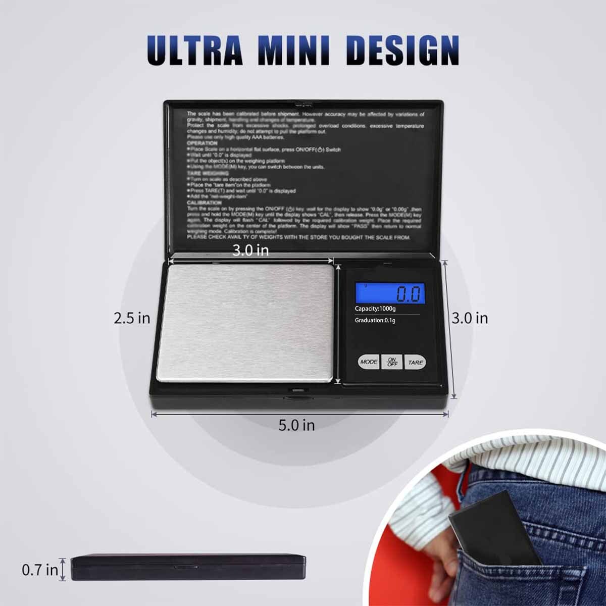 Pocket Scale 1000g x 0.1g Precision Gram Scale Small Digital Scale Grams Ounces