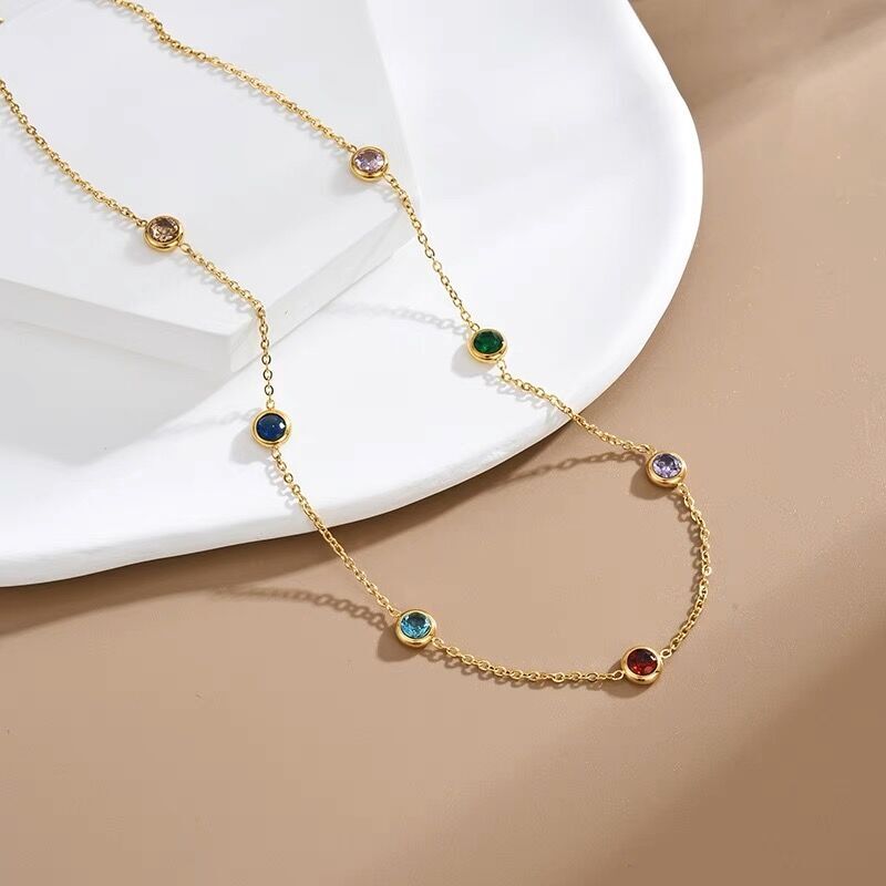 Woman 18K Gold Plated Stainless Steel Multicolor CZ Necklace Chain/Bracelet