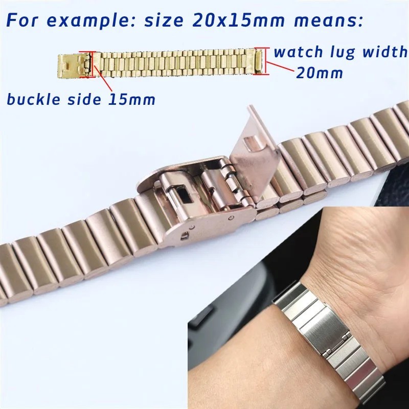 10 12 14 16 18 20mm Piece Bracelet Stainless Steel Strap Fold Buckle Watch Band
