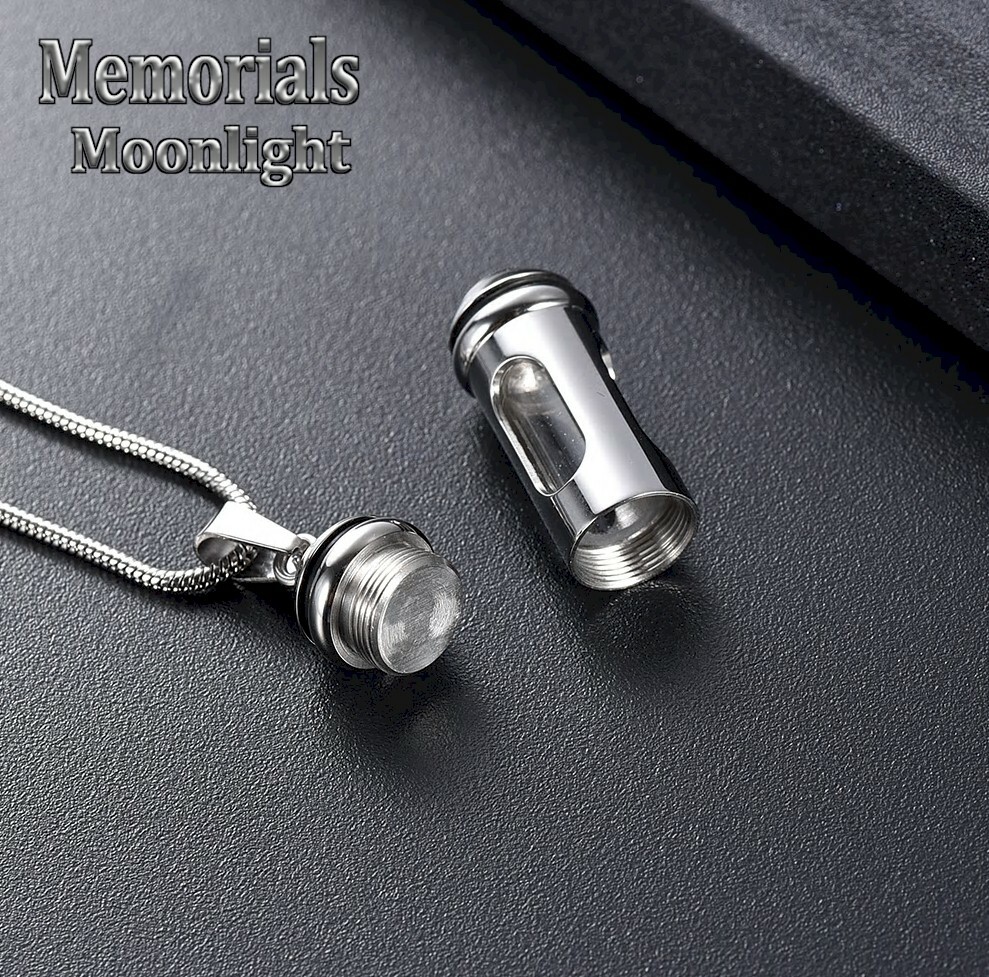 New Glass Cylinder Stainless Steel Urn Cremation Memorial Necklace
