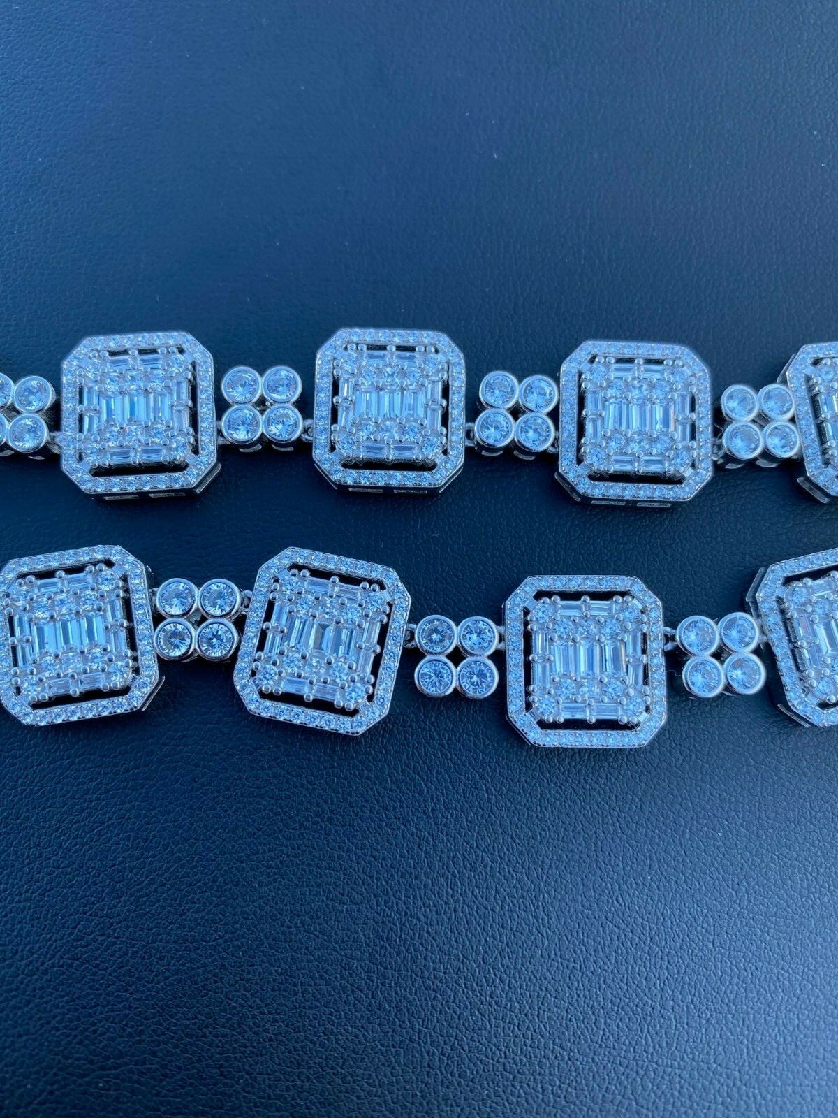 925 Sterling Silver Baguette Link Chain Iced 16mm Men’s CZ Necklace Choker