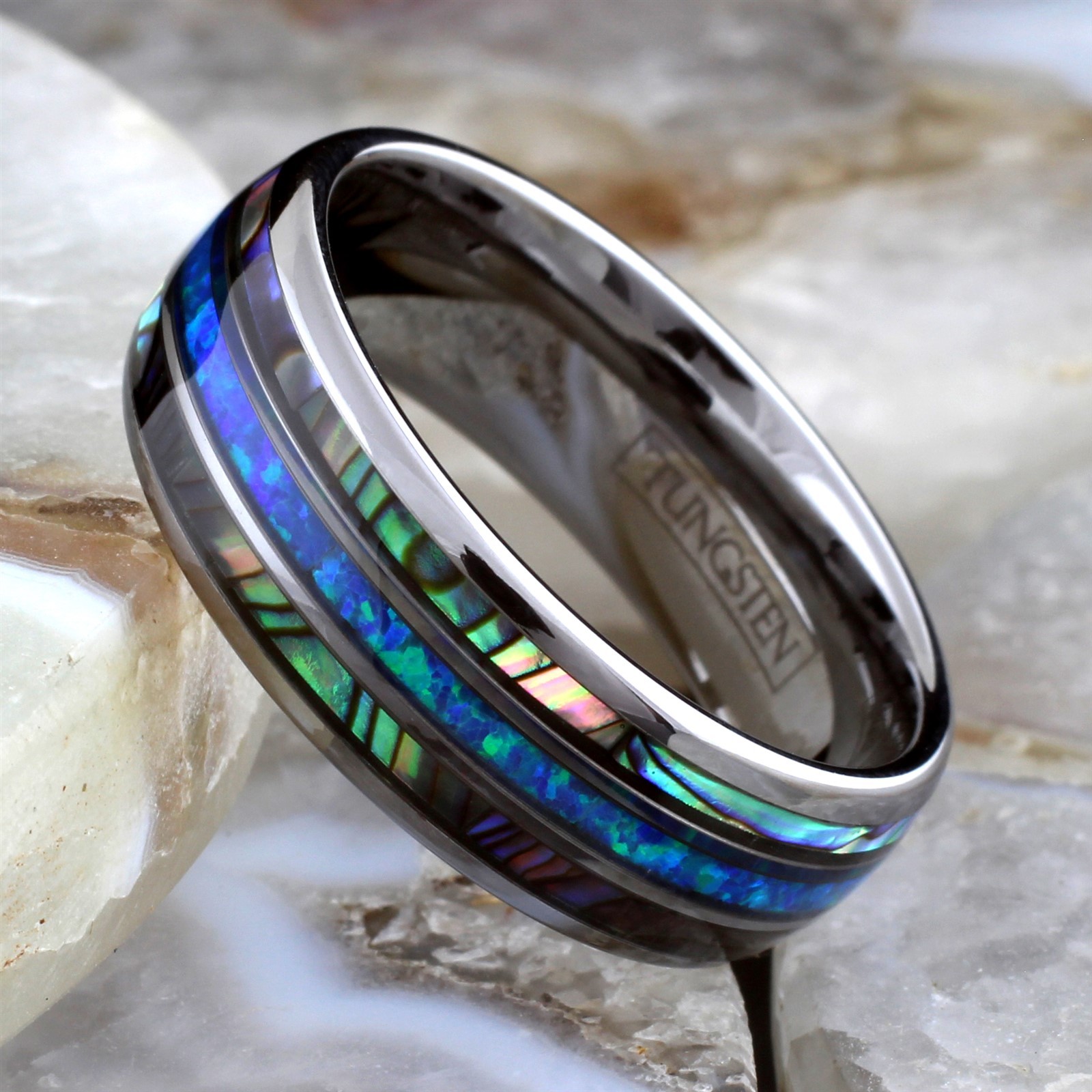 8mm Tungsten Carbide Men’s Abalone and Hawaiian Blue Opal Wedding Band Ring