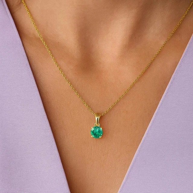 1Ct Round Cut Simulated Diamond Emerald Solitaire Pendant 14k Yellow Gold Plated