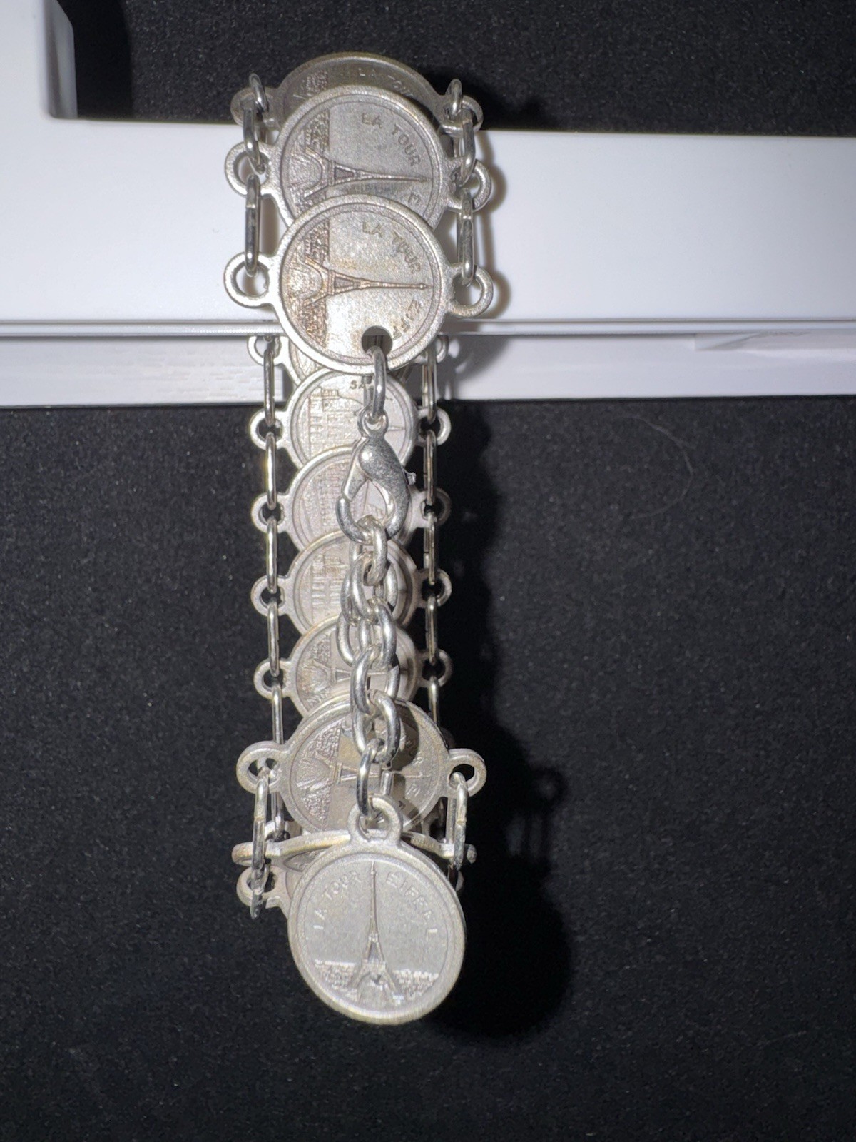 Paris France Travel Coin Charm Bar Link Chain Bracelet, Silver Tone Lobster