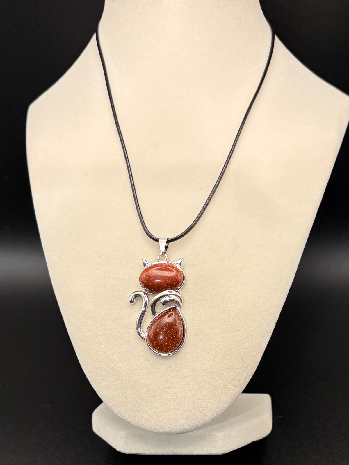 Red-Brown Goldstone Glass Cat Pendant Necklace 21″ Waxed Cord /Stone of Ambition